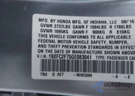 2016 Honda Civic Ex z USA, uszkodzony, nr VIN 19XFC2F75GE083041